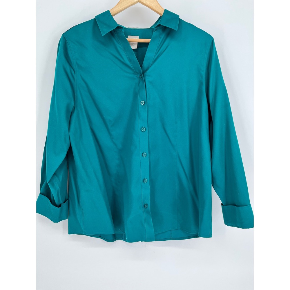 CHICO'S 2 Button Down Shirt Women Teal No Iron Long Sleeve Large 12